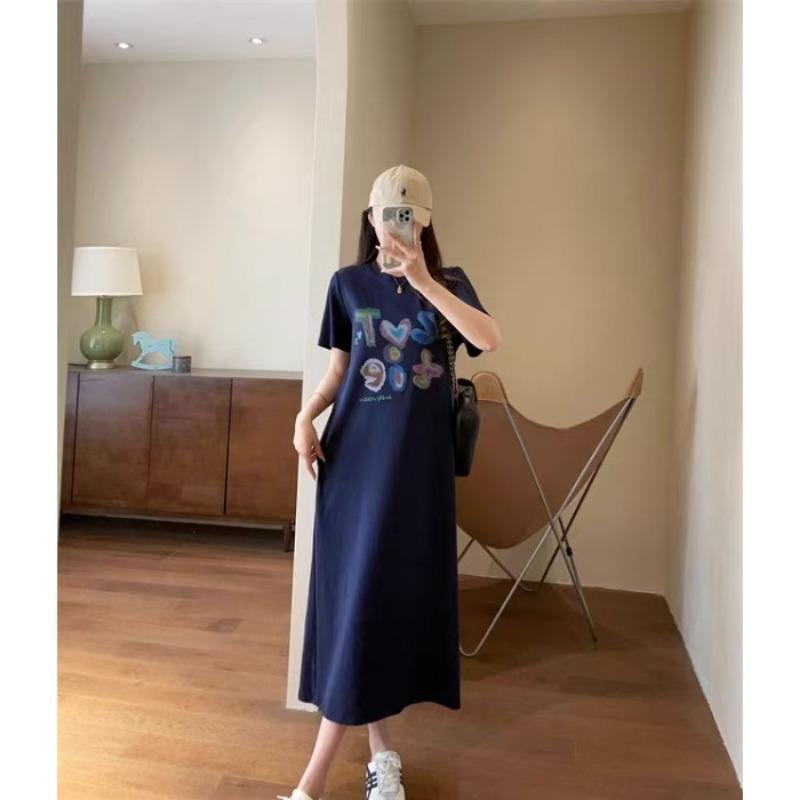 

Футболка платье женское с коротким рукавом длинный стиль лето свободный и повседневный размер до колена XL тёмно-синий