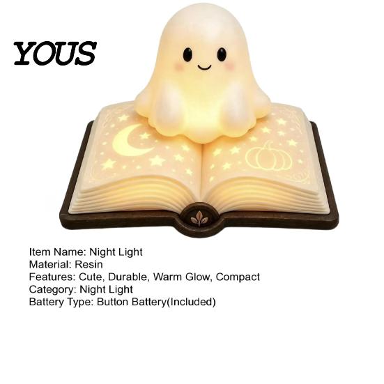 Lâmpada de Mesa Figurine Fantasma Livro Mágico Luz Noturna, Resina de Mesa Brilho Quente com Lua Luz Fofa Estrela em Relevo, Mesinha de Cabeceira para Dormir para Crianças