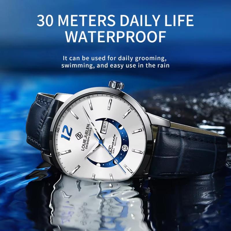 Herren High-End Uhr Business Marke Mondphase Leuchtend Wasserdicht Echtes Leder Männlich Mode Quarz Uhr Uhren Geschenk