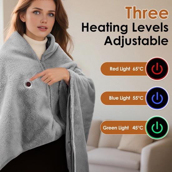 USB Heated Shawl Blanket with Double-Layer Soft Flannel Polar Fleece 3 Temp Levels Portable Electric Wrap