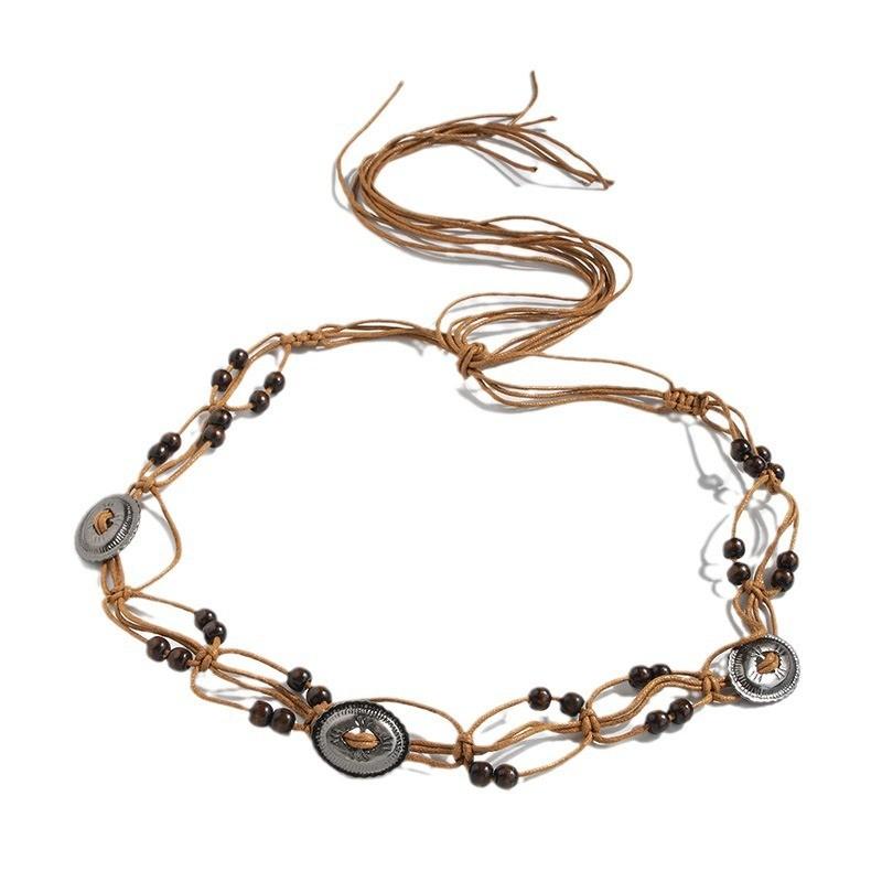 Bohemian Ethnic Style Waist Rope With Wooden Beads Handcrafted For Relaxed Summer Wear