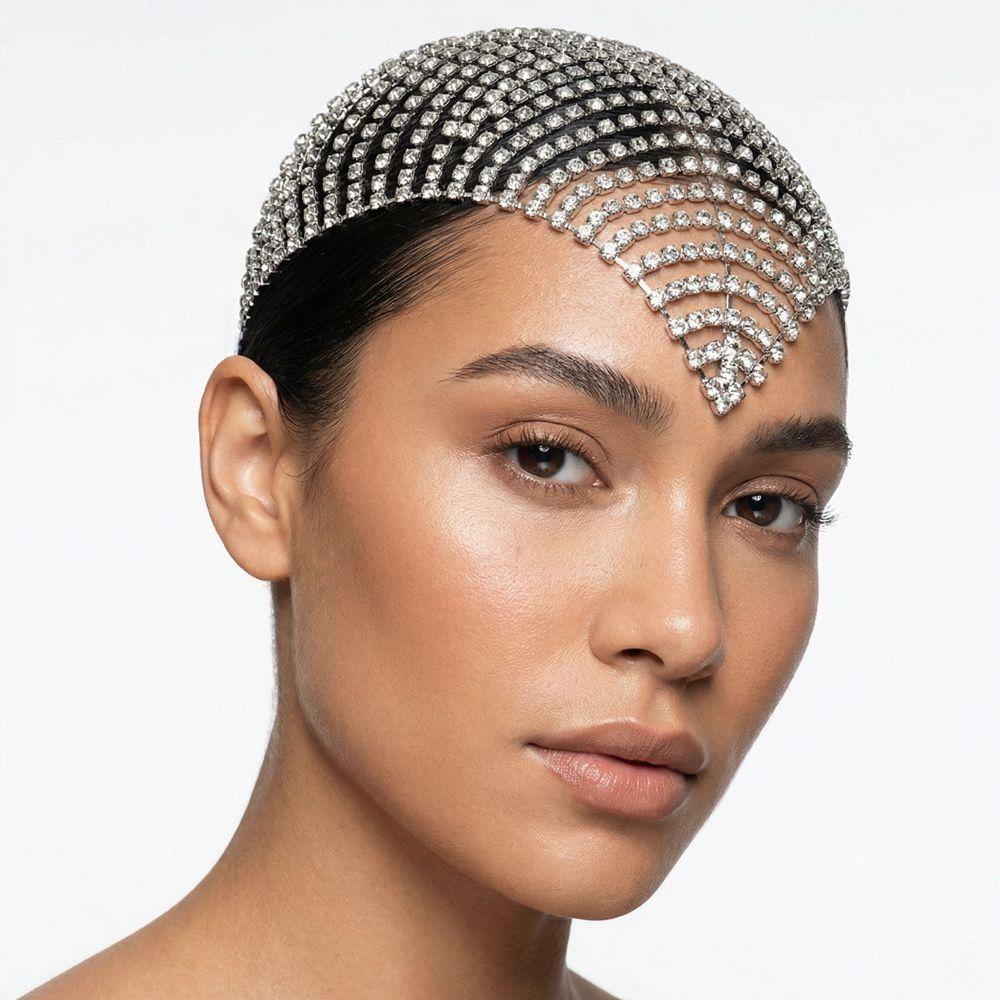 Boho Elegant Shiny Headpiece Cap Glitter Gold Multi-Layer Rhinestone Headband Headwear Bling Crystal Head Chain Nightclub