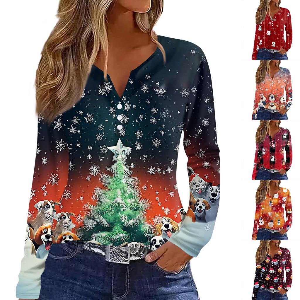 Women's T Shirt Tee Christmas Printed Button Long Sleeve Tunic Daily Weekend Fashion Basic V- Neck Regular Top