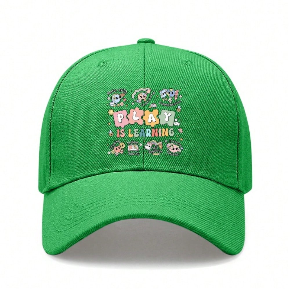 Kids Educational Baseball Cap - "PLAY IS LEARNING" Print Adjustable Breathable Lightweight Unisex Outdoor Sports Hat For School & Everyday Wear -