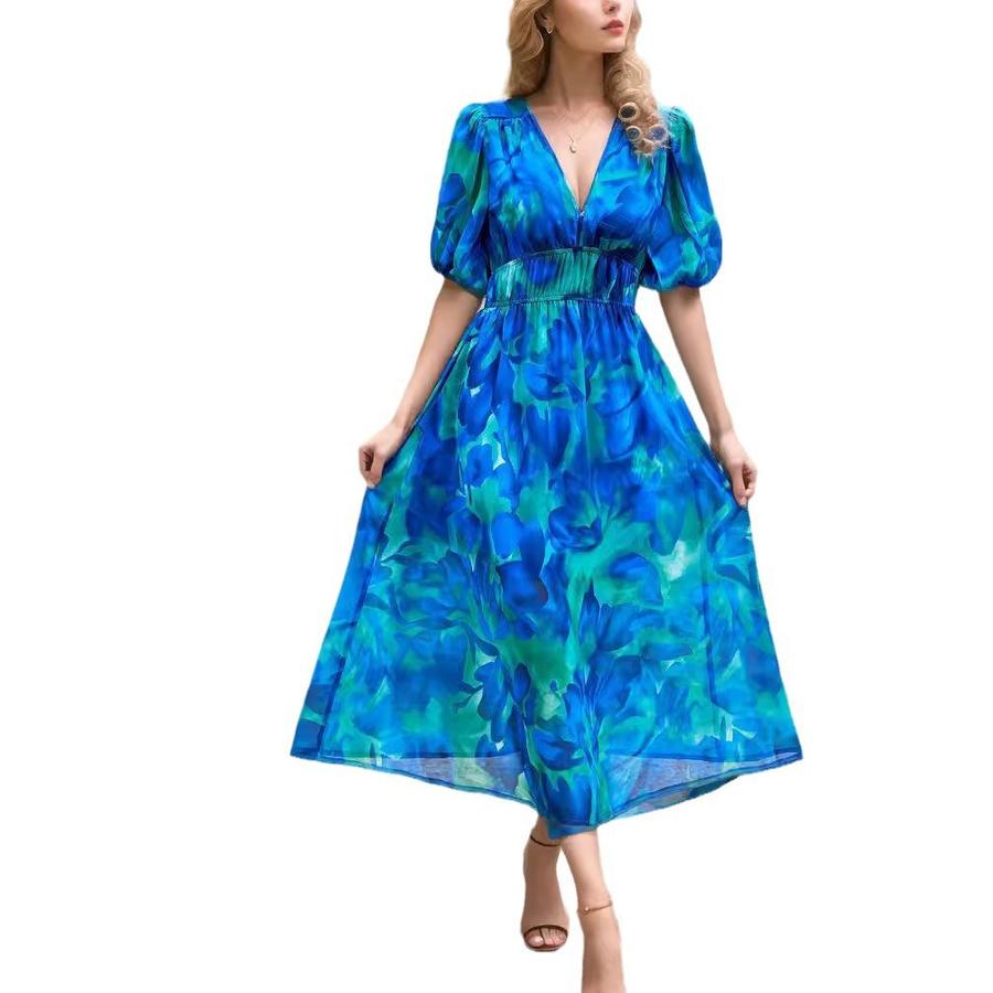 Sommer V-Ausschnitt Bedrucktes Taillen Empire-Kleid