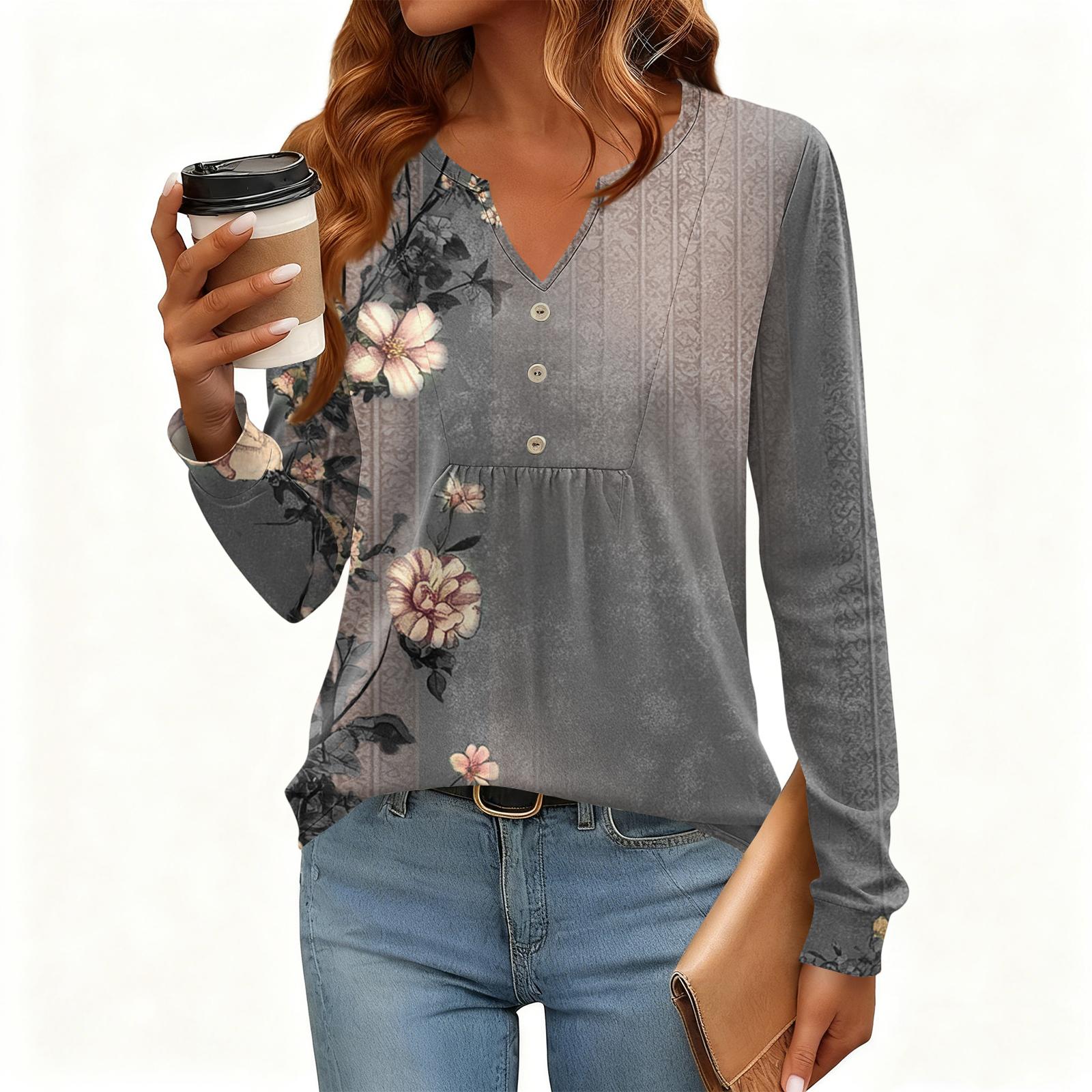

Women s Relaxed,Fit V,Neck Vintage Color,Blocked Floral Print Long,Sleeve Pullover Tee L