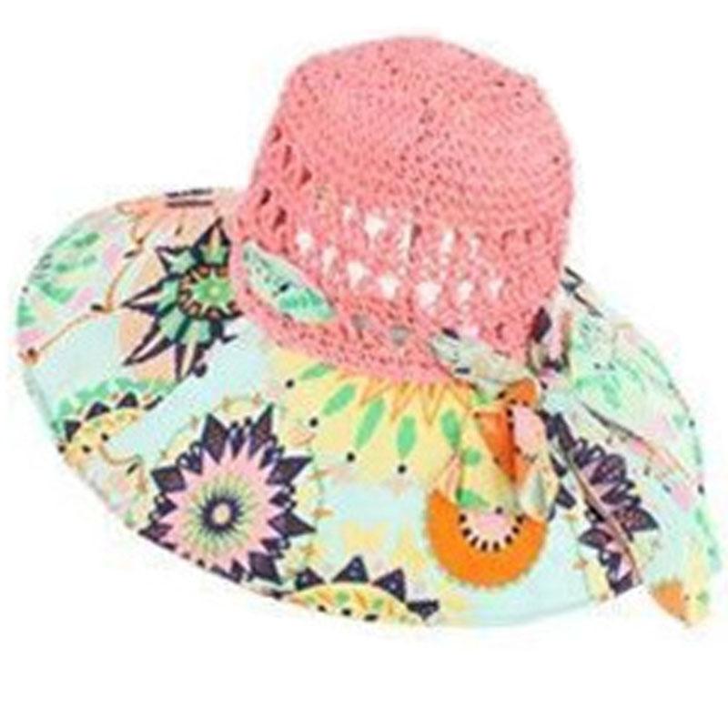 Floppy Wide Brim Sun Hat Ladies Beach Straw Fedora Summer Foldable Straw Hat Sun Hat Beach Foldable Sunscreen Floral Print Cap розовый