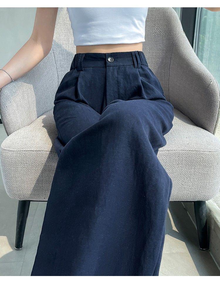 Women's Tencel Linen Wide-Leg Pants - Summer Ice Silk Cotton Blend, High Waist, Slimming, Floor Length, Loose Fit.