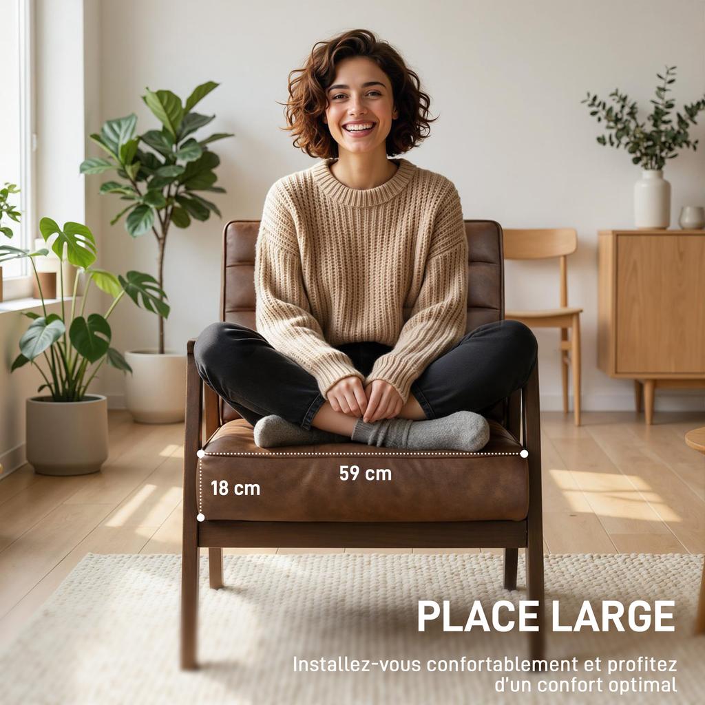 Lounge Chair, Upholstered PU Armchair, Solid Wood Frame, Brown