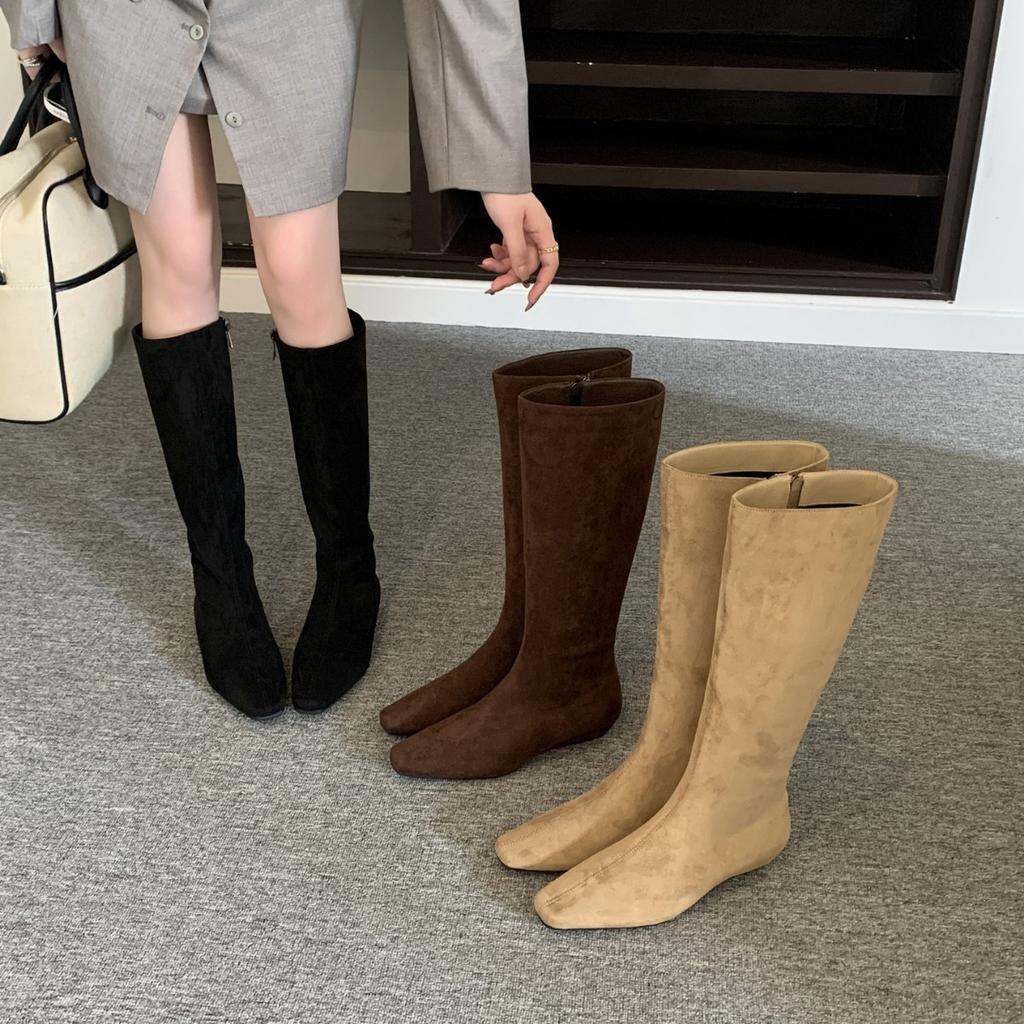 Low-heeled suede square-toed boots for women, new in autumn and winter, but knee-high boots, sleeves, fashion boots for women