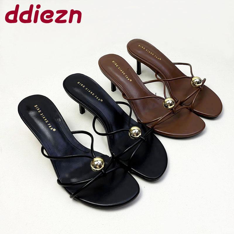 Fashion 2025 New Fashion Metal Women Thin Heels Sandals Shoes Female Round Toe Footwear Ladies Medium Heels Sandals Slides Pumps Shoes