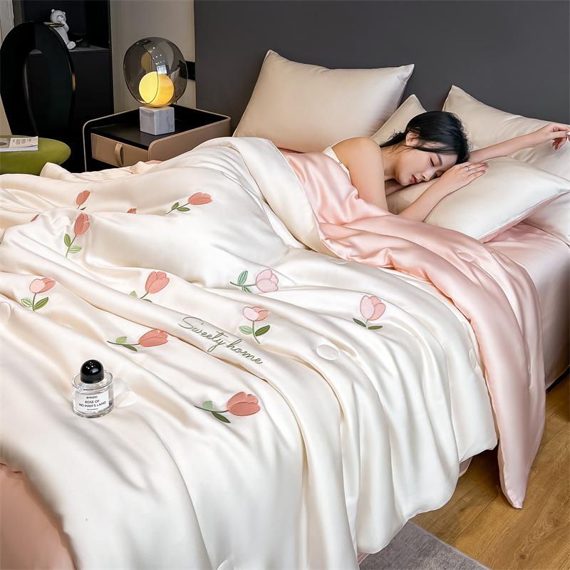 Summer Embroidery Silky Quilt Set – 4-Piece Bedding for Single/Double, Includes Bare Sleep & Air Conditioning Quilts
