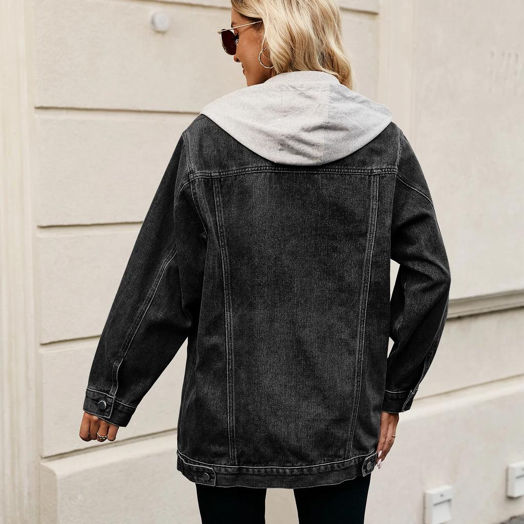 Mittelange Vintage Klassische Jeansjacke, Damen Frühling und Herbst Neu Streetstyle Mode Locker Abnehmbare Kapuze Jeansjacken