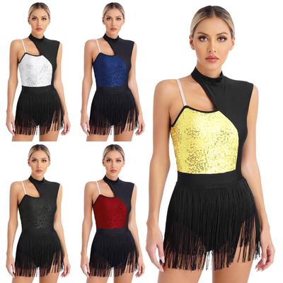 Womens Latin Dance Leotard Cutout Sleeveless Design Shiny Sequins Contrast Color Patchwork Fringed Bodysuit