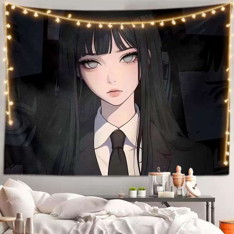 VIKAMA Cool Anime Girl Tapestry Black Hair Cool Girl Wall Hanging for Bedroom Dorm Gaming Room Decor Edgy Manga Art Poster
