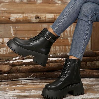 Schuhe in Übergröße Rundspitze Kurze Lederstiefel Damen Modische Schnür-Ritterstiefel