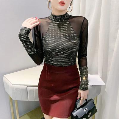 Women's Clothing Stitched Mesh Long-sleeved Autumn Winter New Fashion Sexy Slim Bottoming Shirt Trendy Tops