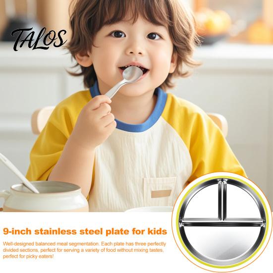 Silicone Sleeve Toddler Plate Baby with Suction Base 3-Section Divided Stainless Steel Safe Cup Dish 9" Unbreakable Anti Breakage Metal Bowls