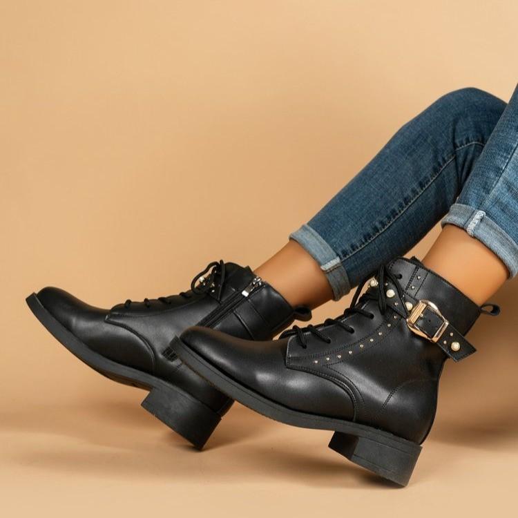 Martin Boots Women's New Round Head Side Zipper Short Tube Flat Bottom Short Boots Wind Metal Buckle Strap Thin Boots