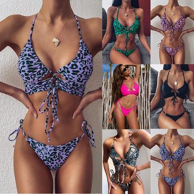 Women's Swimwear Leopard Cutout Bandage Bikini Set Push Up Halter Swimsuit Two Piece Bathing Suit