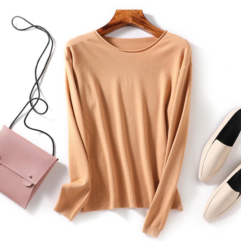 Autumn/Winter Women's Wool Sweater: Round & V-Neck, Rolled Edge, Long Sleeve, Thin Knit Top