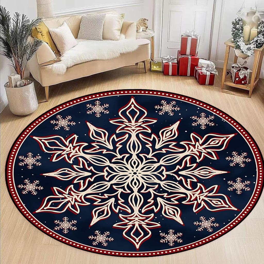 Christmas Gnome Round Carpet Red Winter Snowflake Area Rug Xmas Santa Tomte Flurry Pattern Bedside Living Room Floor Decor Mat