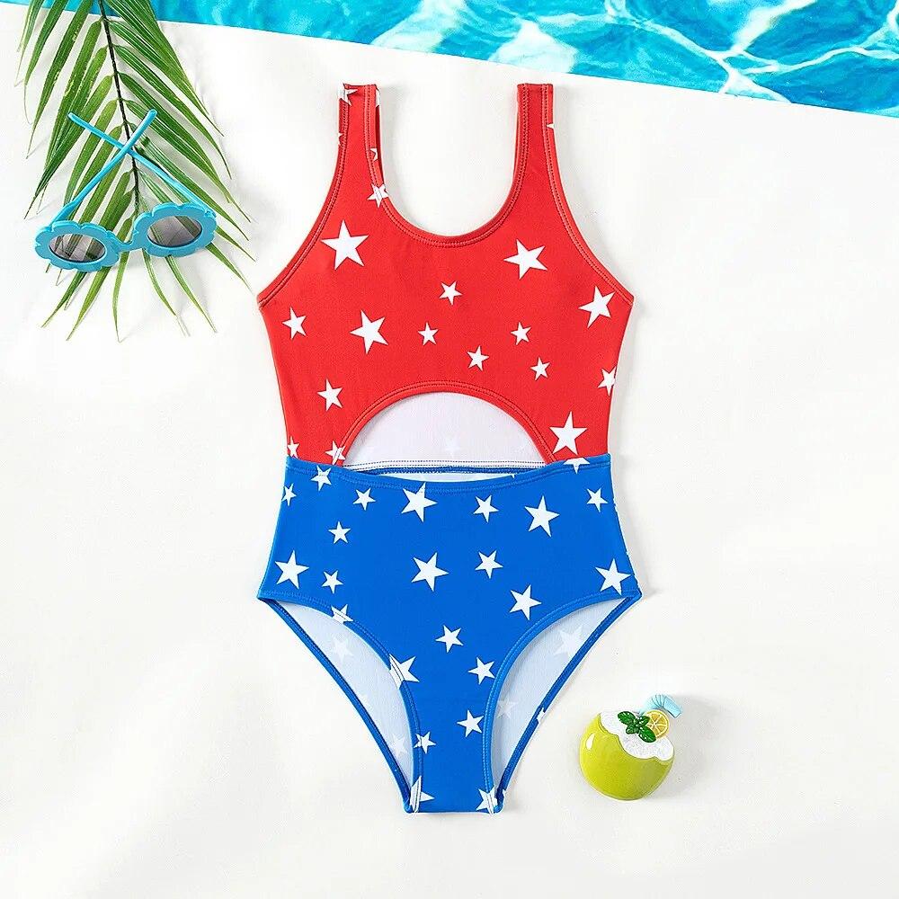 New One-piece Kids Swimsuit Girls Patchwork Star Pattern Swimwear Summer Beach Wear Swimming Suit for Girls 5-14Years