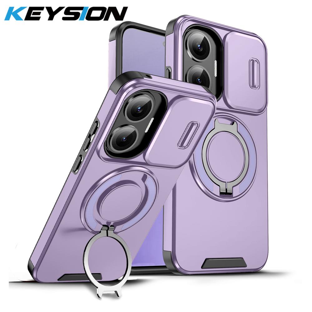 KEYSION 360° Ring Stand Phone Case for Xiaomi POCO F7 Slide Camera Protection Magnetic Shockproof Cover for Redmi Turbo 4 Pro