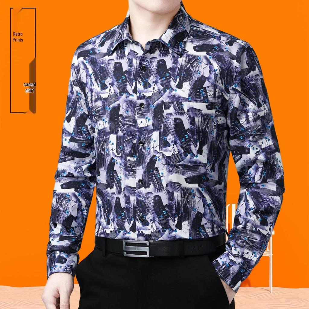 Spring & Autumn Men's Plus Size Printed Cotton Linen Shirt - Business Casual, Long Sleeve.