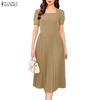 ZANZEA Women Square Collar Summer Casual Short Sleeve Pleated Dress