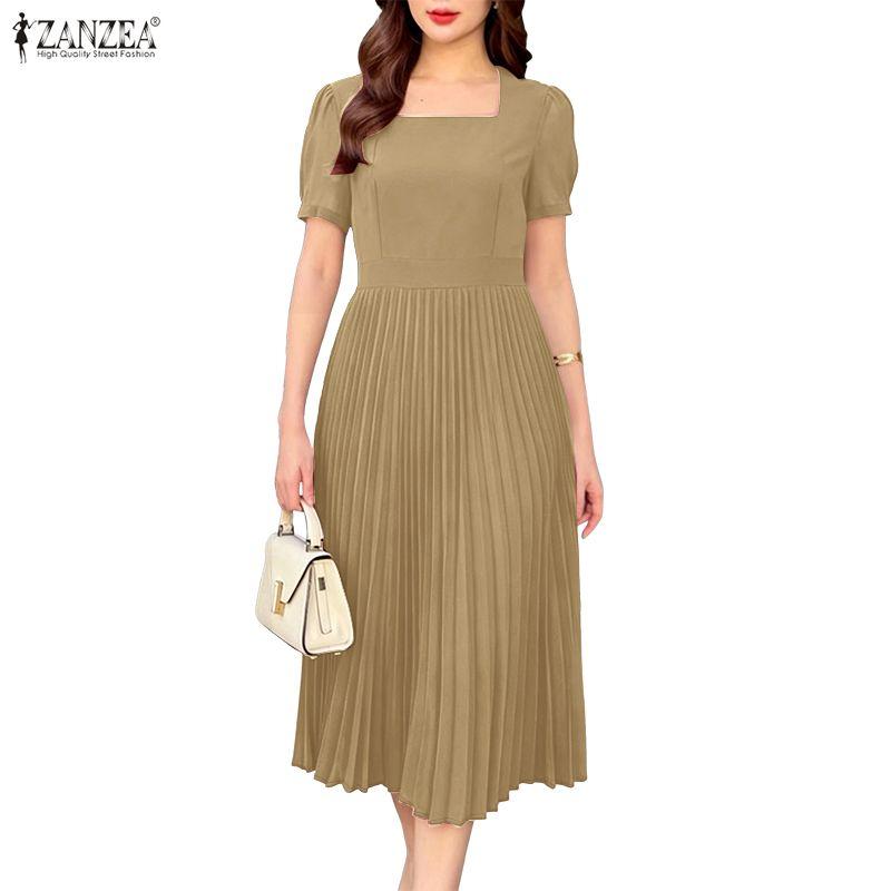 ZANZEA Women Square Collar Summer Casual Short Sleeve Pleated Dress