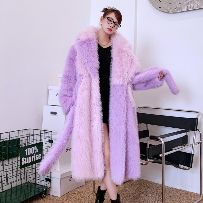 Faux Fox Fur Long Coat Women Irregular Hem Blazer Collar Colorblock Winter Jacket