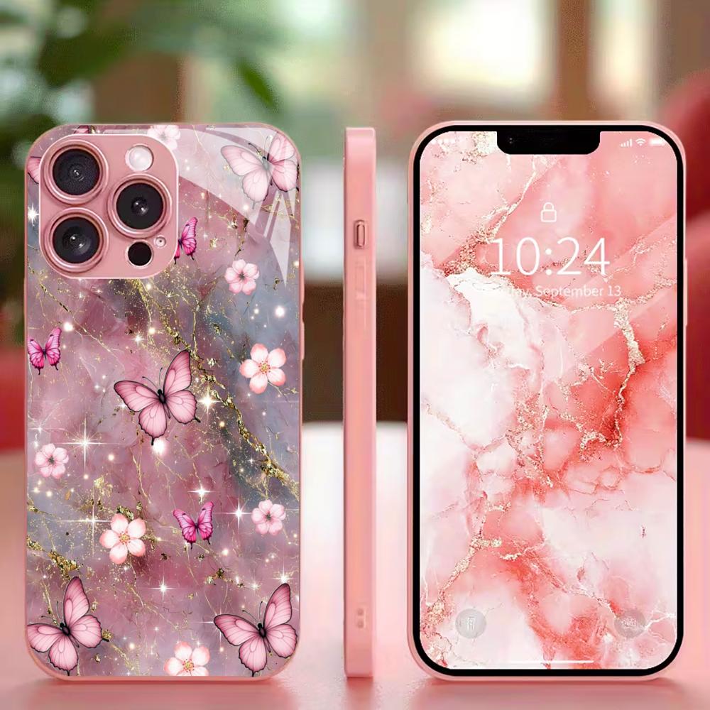 Pink Butterfly High-end Phone Case Electroplated Glass TPU PhoneCase for iPhone 17 16 15 14 13 12 11pm Pro Plus 10