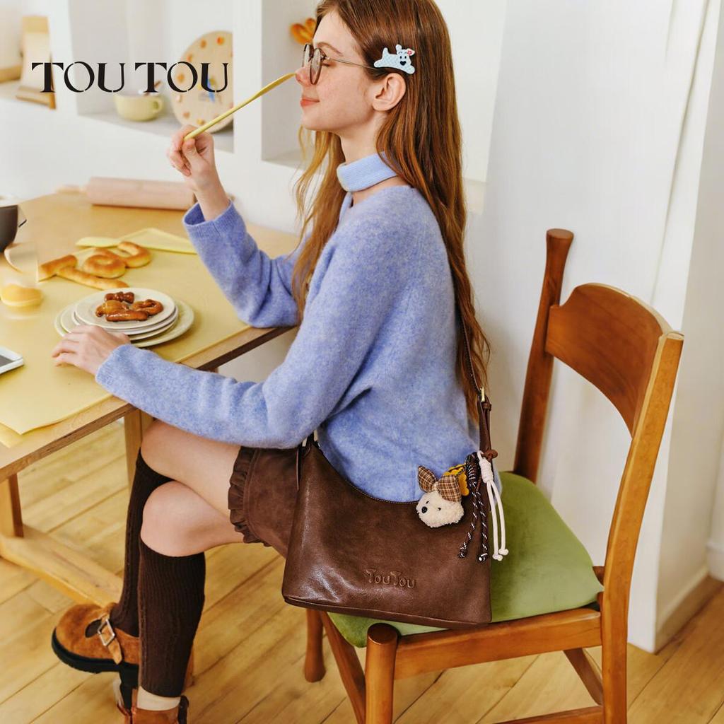 Toutou Leather Shoulder Bag, Crossbody Bag, Tote Bag, Travel Bag, Small Size, Brown