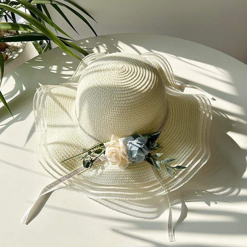 

Fashionable Foldable Sun Hat Women s Big Brim Hat Floral Straw Hat Outdoor Travel Vacation білий
