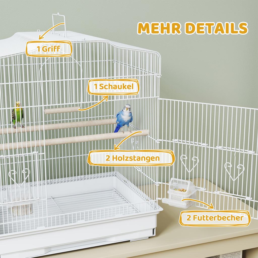 Large Metal Bird Cage with Perches, Food Bowls, Swing, for Budgies, Parakeets, White