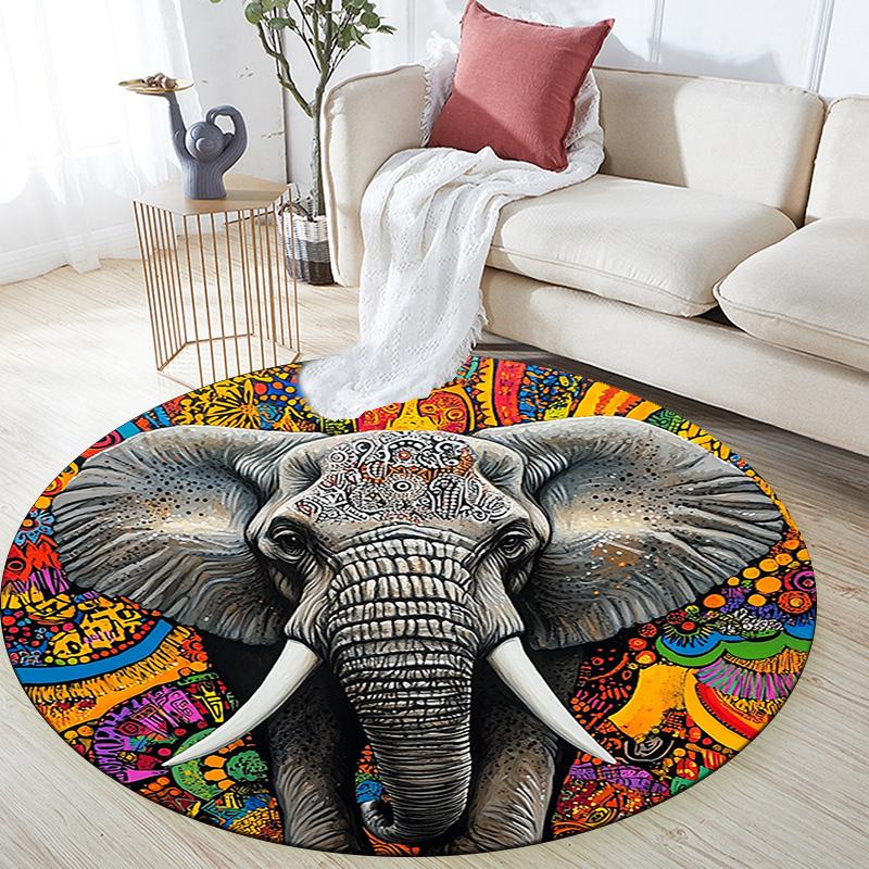 Elephant Mandala Round Area Rug,Carpet Rug for Living Room Bedroom Sofa Playroom Decor,Non-slip Floor Mat