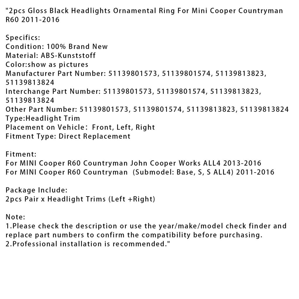 2ks Lesklé černé ozdobné kroužky světlometů pro Mini Cooper Countryman R60