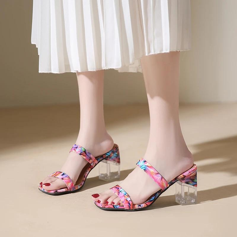 Fashion NEW Fashion Print Women Slippers Outside Transparent High Heels Slip On Sandals Women Summer Square Toe sandalias de mujer