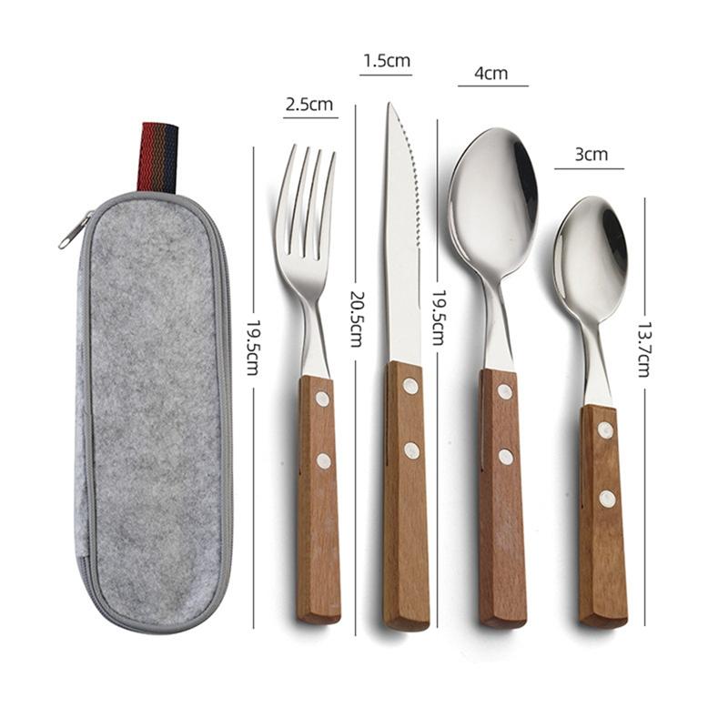 Complete Cutlery Set Knife, Fork, Chopsticks And Spoon Stainless Steel Travel Set Fork With Wooden Handle-B61B