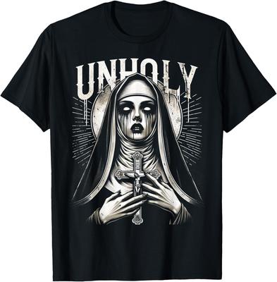 Unholy Evil Nun Graphic Print Men's Cotton T-Shirt Dark Grunge Horror Tee Casual Trip Wear