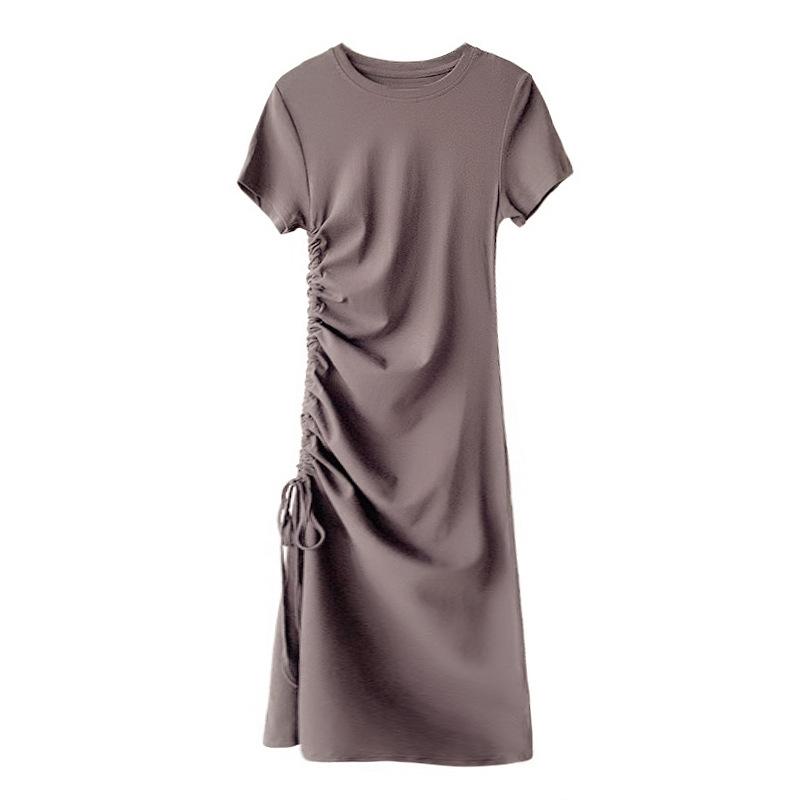 Sexy V-neck split-ended dress women's summer new slim-fitting and thin drawstring hip-wrapped long t-shirt skirt