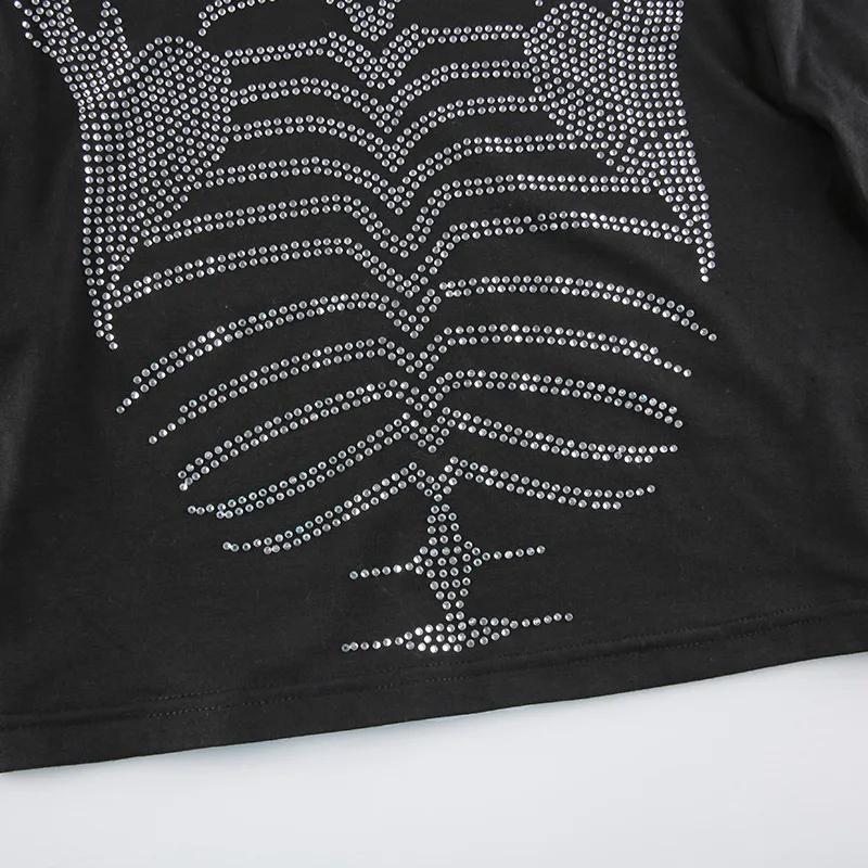 European and American Y2K round neck slim fit spring and summer hot stamping personalized dark style exposed navel T-shirt