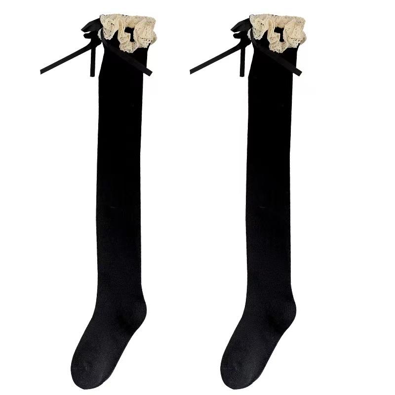 Japanese Women Lace Black White Ruffle Long Socks Kawaii Loli Soft Girl Sweet Stockings JK Lolita Leggings Over The Knee Bowknot