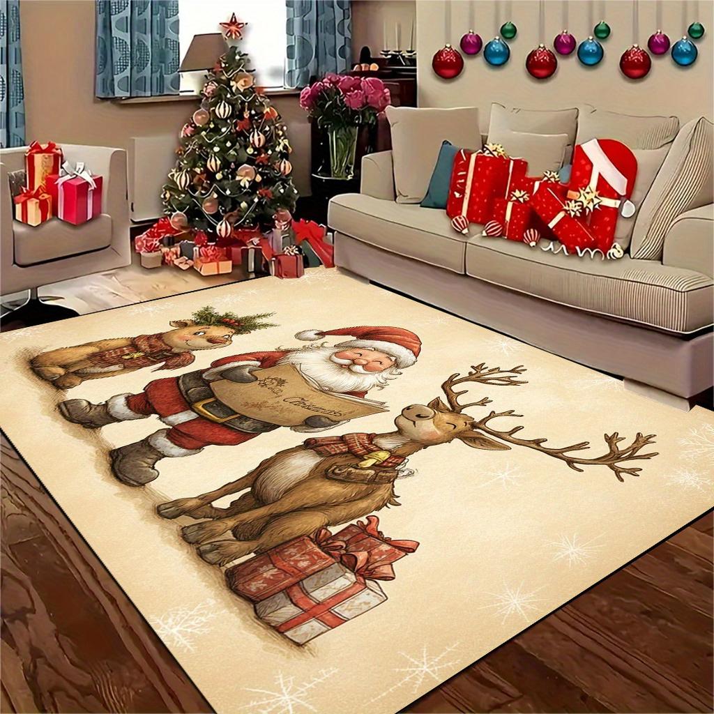 2D Flat Christmas Rug, Santa Reindeer Gift Pattern Mat, All‑Season Home Decor for Patio Garden Bedroom Living Room Indoor