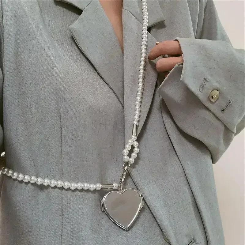 Women Creative Gifts Long Necklace Big Mirror Heart Pendant Pearl Shoudler Chain Personality Jewelry Party Accessories Decor