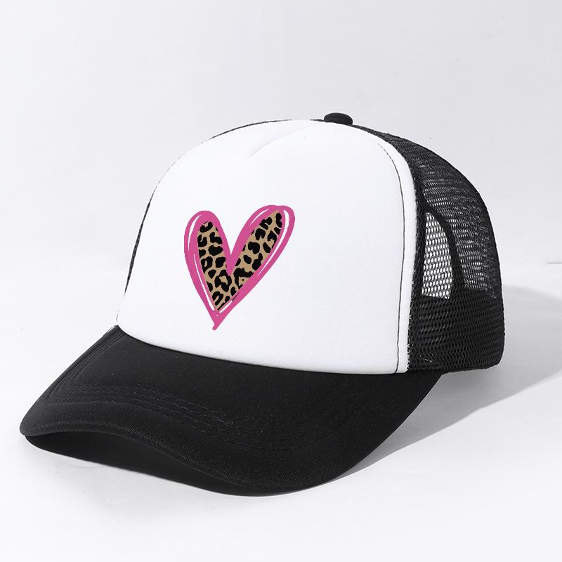 Leopard Heart Print Trucker Hat Pink Outline Mesh Baseball Cap Unisex Outdoor Casual
