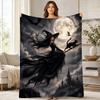 Witch On Broom With Cat Coral Fleece Blanket Halloween Decor