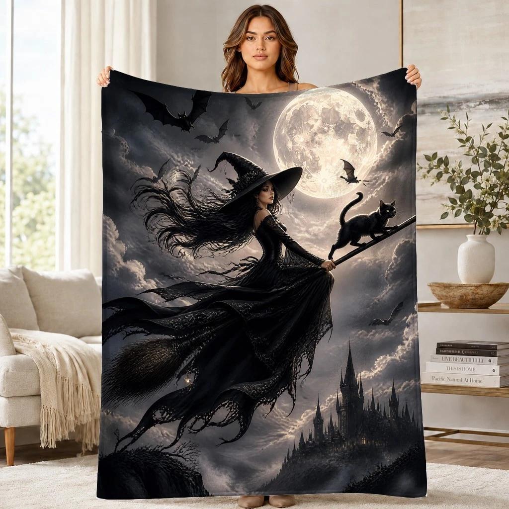 Witch On Broom With Cat Coral Fleece Blanket Halloween Decor