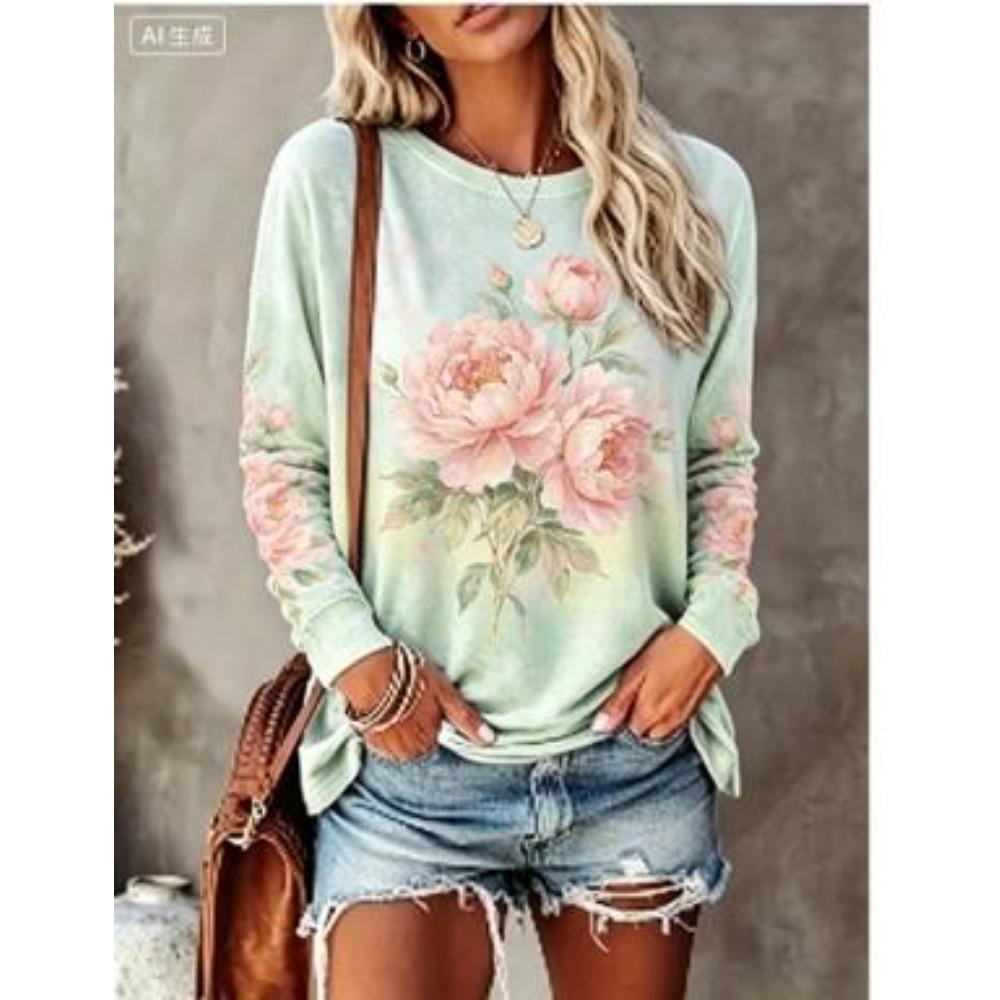 Women Long Sleeve T‑Shirt Vintage Tie‑Dye Rose Bouquet Floral Print